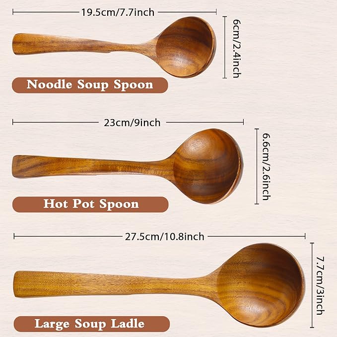 Wooden Ladles Soup Set, 3 Size Wooden Spoons For Cooking, Non-Stick Wooden Spoon, Natural Teak Wood Cooking Spoons, Kitchen Utensils set