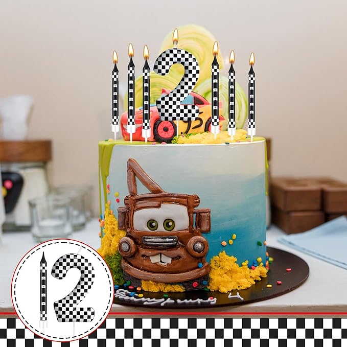 13 Pcs Racing Cars Themed Birthday Candles Black and White Race Number 2 Checkered Candle Cake Topper for Racing Car Party Decoration Supplies (Number 2)