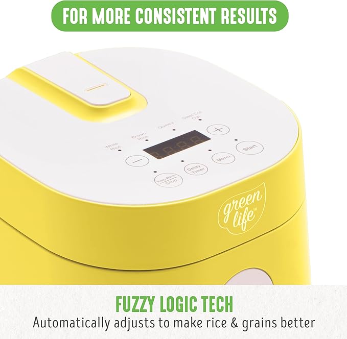 GreenLife Digital Rice Cooker, 2-Cups Uncooked/4-Cups Cooked, Removable Nonstick Ceramic PFAS-Free Pot, One-Touch Presets, Oats, Quinoa, Brown Rice, Auto Keep Warm, Fuzzy Logic Tech, 1.5 QT, Yellow