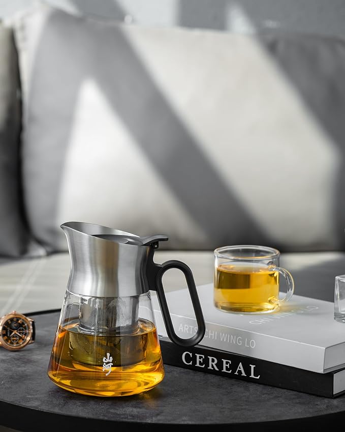 ZENS Design Glass Teapot with Infuser with 2 Cups, 23oz Small Loose Leaf Steeper Pot with Stainless Steel Spout for Hot Tea Diffusers, Oval Handle Clear Tea Infusers Pot for Tea Lovers Gifts