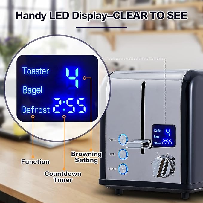 CUSIMAX Stainless Steel 2 Slice Toaster with LED Display, Extra-wide Slots, 6 Browning Settings, Cancel/Bagel/Defrost, Removable Crumb Tray, Black