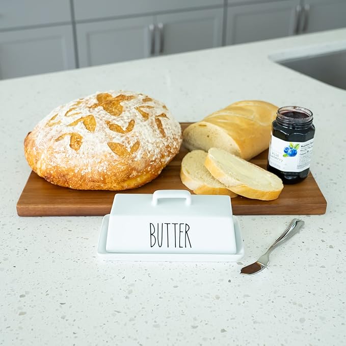 Heartland Home Porcelain Covered Butter Dish with Lid for Countertop (Lid with Handle). 7.6" x 3.8" Butter Holder Container for One Stick of Butter. Textured Tray Butter Keeper for Non Slip Storage