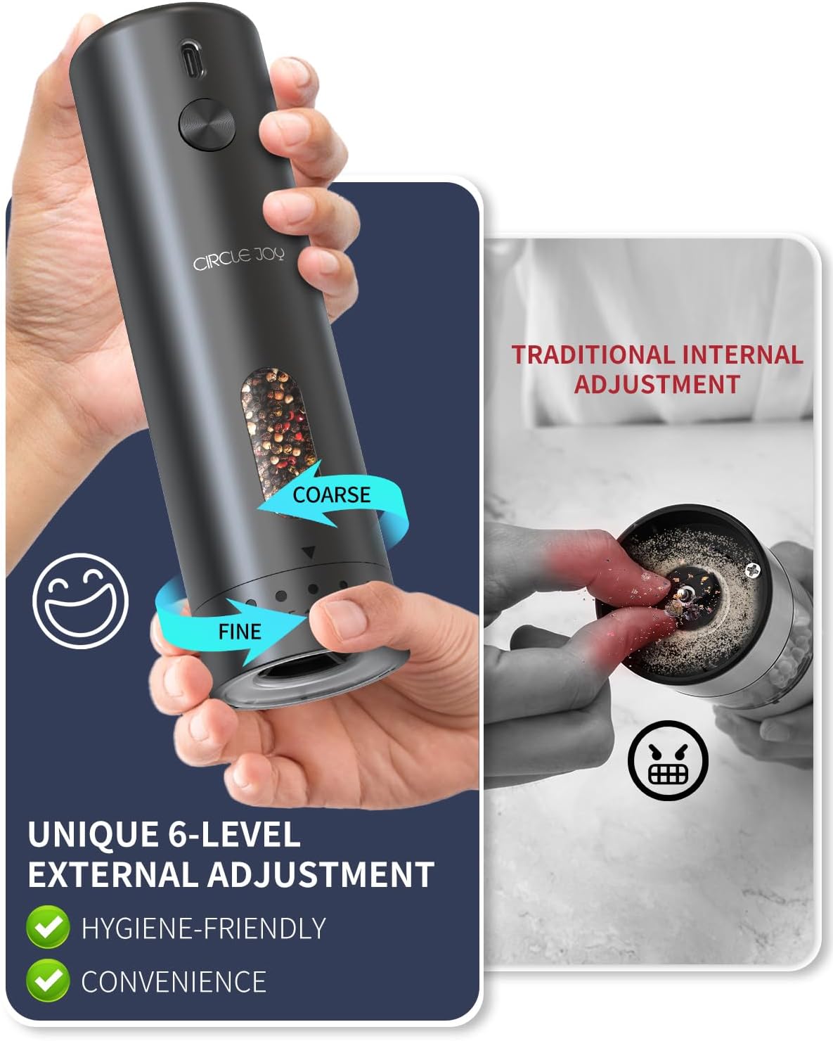 CIRCLE JOY Electric Pepper Grinder Rechargeable, Automatic Pepper Mill with 110ml Container, External Adjustable Coarseness, White Led Light and One-Handed Operation, Black