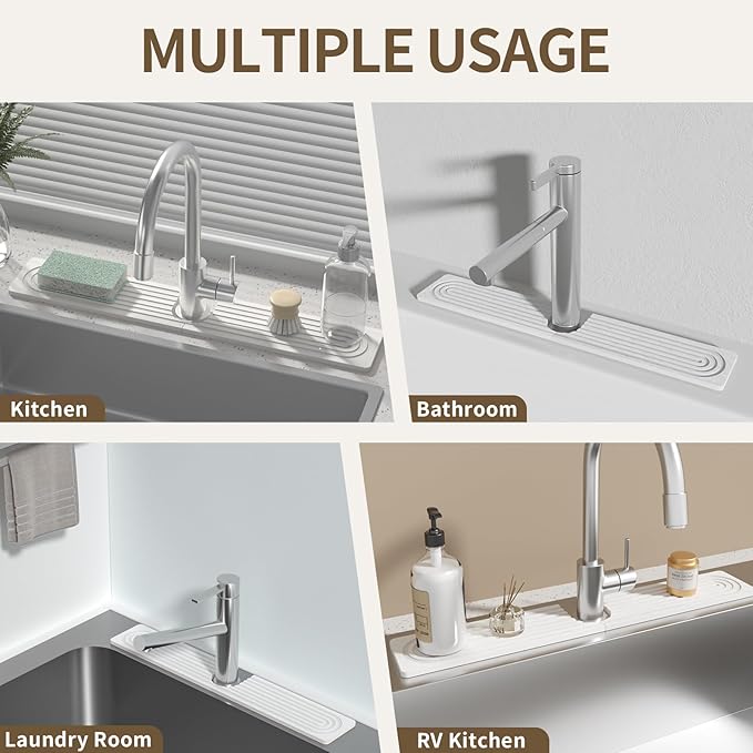 Faucet Mat for Kitchen Sink, Diatomite Stone Drying Sink Protectors, Bathroom Faucet Splash Guard, Quick Dry Water Absorbing, Non-Slip Stone Tray for Kitchen Counter, White, 23.6" x 3.9"