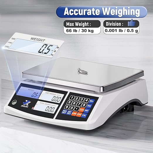 Industrial Counting Scale Digital Inventory Scale for Small Parts Coins Jewelry Piece, 66lb/30kg Electronic Bench Scale Gram Scale with Battery AC Power Backlight LCD Display, lb/g/kg/oz, 0.001lb/0.5g