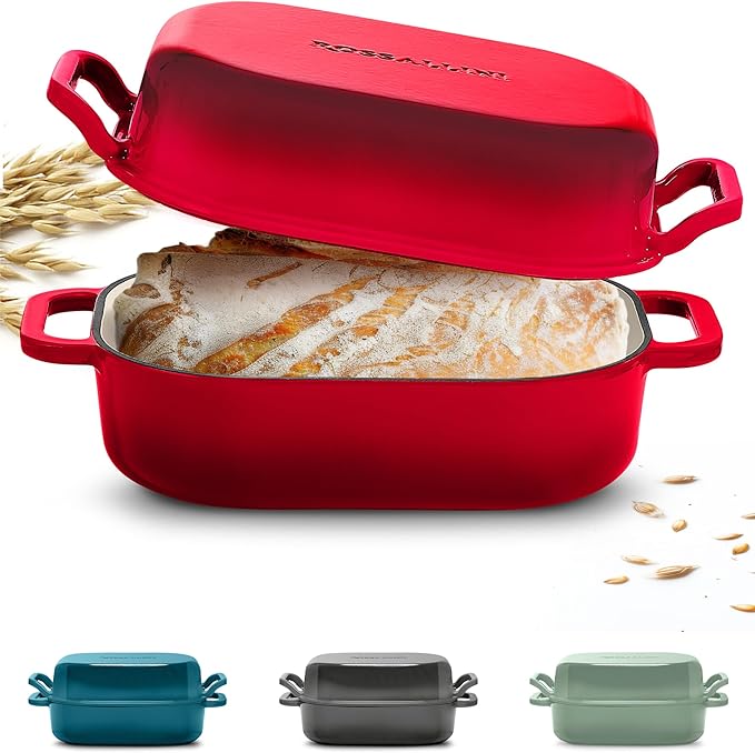Signature Enameled Cast Iron Sourdough Bread Oven | Non-Stick with Tight Fitting Lid for Perfect Baking and Bread Making | 6QT Rectangle Oven With Lid [Red]
