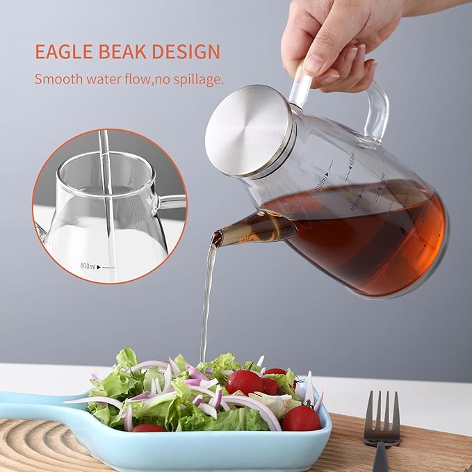 Large Glass Oil Dispenser Bottle for Kitchen Cooking Recipiente Para Aceite De Cocina Olive Oil Vinegar Dispenser Cruet Stainless Steel Lid No Drip Liquid Container (Clear, 20oz / 600ml)