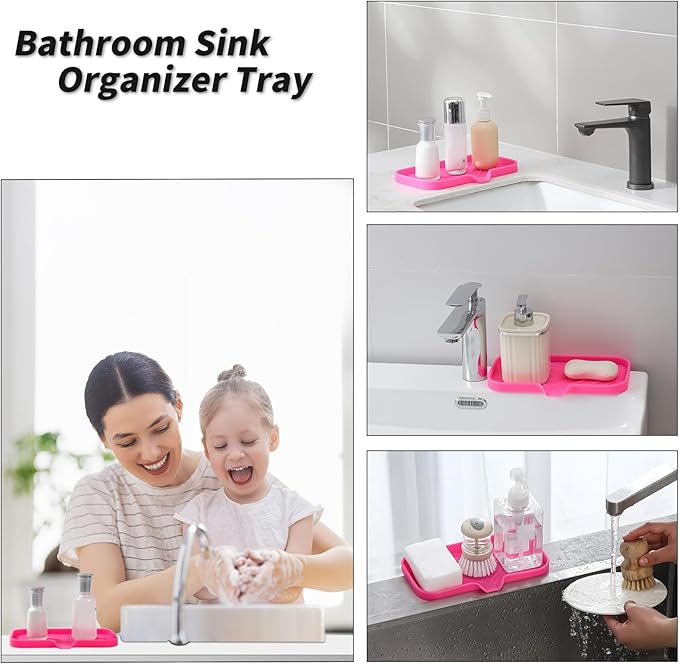 Silicone Bathroom Soap Dishes with Drain Spout-Bathroom and Kitchen Sink Organizer,Sponge Holder,Dish Soap Tray,Perfect for Dispenser,Scrubber,Bottle,Cup on Sink or Counter-Rose 9.6"×5.3"
