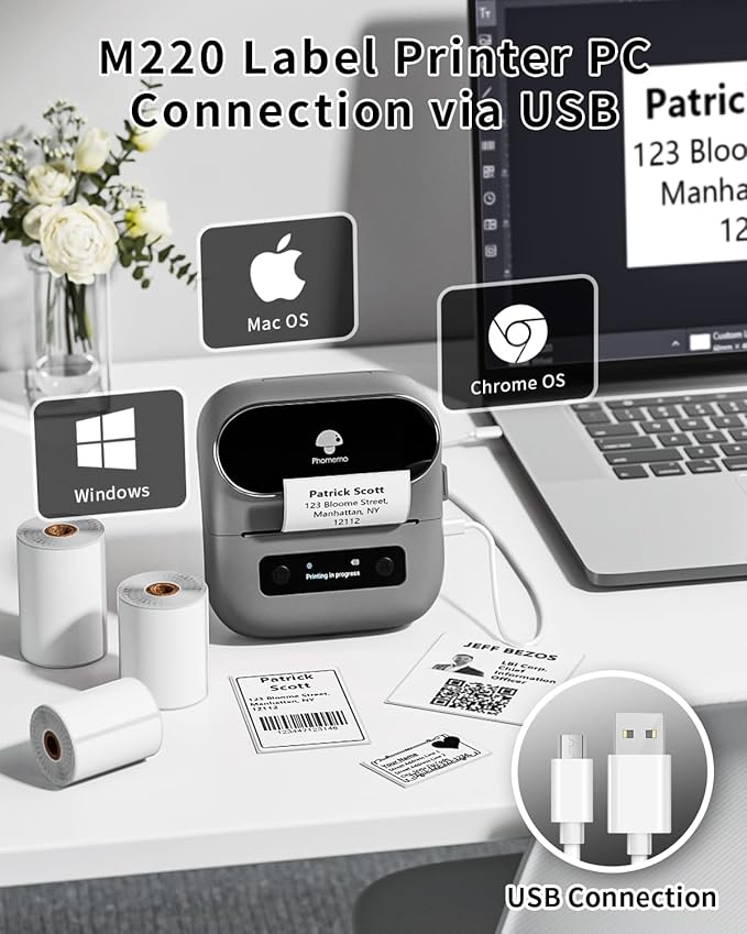 Phomemo M220 Label Maker, Bluetooth Barcode Label Printer, Thermal Sticker Maker Machine for Barcode, Address, Tag Labeling, Compatible with Phone & Laptop