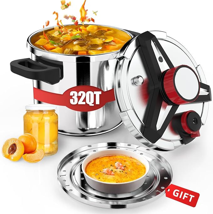 3-In-1 Stainless Steel Pressure Cooker 32 QT: [Save 70% Time] [3 PSI Settings], One-Hand Locking Pressure Canner, Induction Compatible, Glass Lid & Steamer Rack Included, Olla de Presion