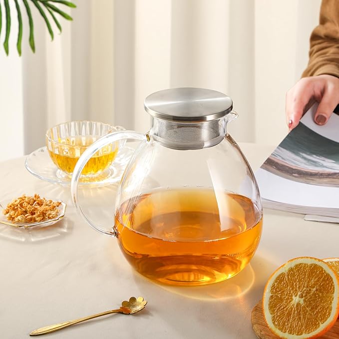 68OZ/2000ML One Touch Glass Teapot with Stainless Steel Filter Lid, Stovetop & Microwave Safe Tea Maker Water Kettle, Strainer & Cover 2 in 1 Loose Leaf Tea Steeper Pot Coffee Carafe