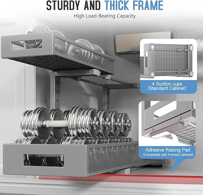 2 Pack 17IN Depth Under Sink Storage Organizer, Large 2-Tier Elegant Mesh Pull Out Shelf for Kitchen and Bathroom Cabinet Organization, L-Shaped and Adjustable Height Design-Gun Gray