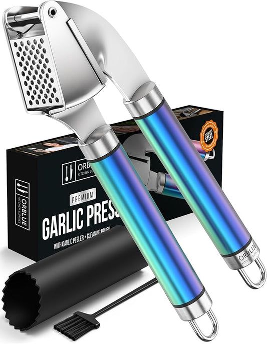 ORBLUE Garlic Press Stainless Steel - Premium Professional Grade Garlic Mincer, Crusher & Peeler Set - Easy Clean, Dishwasher Safe & Rust-proof, Multi-colored
