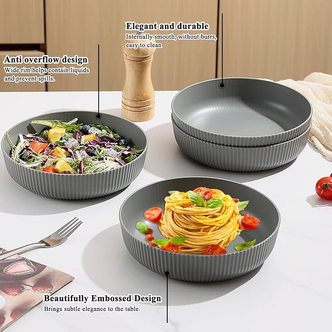 Kyraton Pasta Bowls Set of 4, 37oz Salad Bowls Soup Bowls Large Pasta Serving Bowl Plastic Unbreakable Serving Dishes Dinner Bowls (Grey)