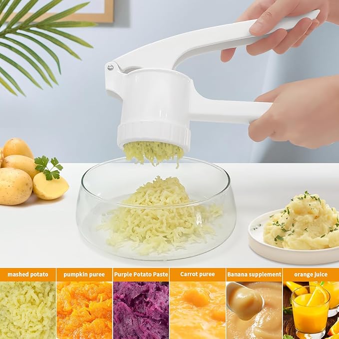 LHS Potato Ricer, Potato Masher for Potatoes with 3 Interchangeable Discs, Large Capacity Potato Masher and Ricer Kitchen Tool for Fruit, Vegetables, Baby Food, White