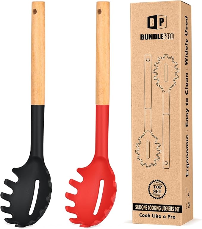 Pack of 2 Spaghetti Spoon, Silicone Pasta Fork with Wooden Handle, Heat Resistant Noodle Spoon Server, BPA Free Spaghetti Strainer(BLACK-RED)
