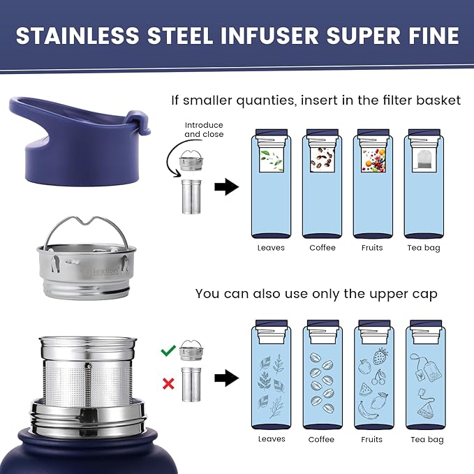 Lexlion Tea Infuser Bottle - Fruit Infuser Water Bottle 32 Oz, Triple Walled Insulated Stainless Steel Bottle, Thermal Leaf Infuser, Silicone Sleeve, 3 Lids Leakproof, Metal Mug Gallon