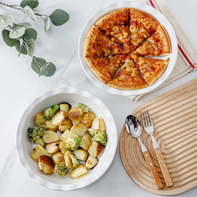 HVH 10 inch Pie Pan for Baking, Ceramic Pie Dish, Deep Dish Pie Plate for Dessert Kitchen, Deep Dish Pie Pan with Fluted Edge, Set of 2, Farmhouse Style (White)