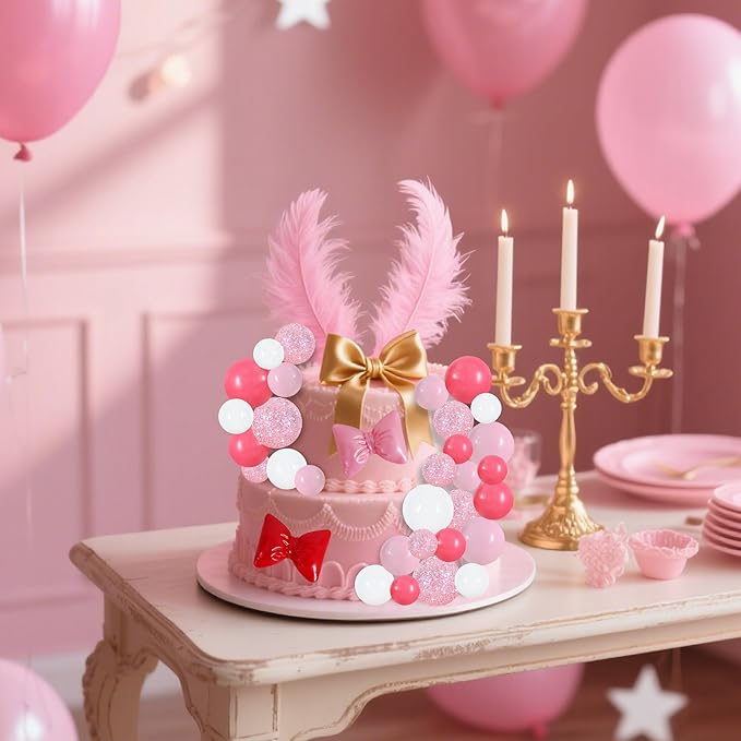 BEISHIDA 42 pcs Foam Ball Cake Toppers with Sticks Includes 2 Bow Cake Decor Perfect for Birthday Party Pink&White Theme Party Decor Wedding Anniversary Celebration(Pink, White)