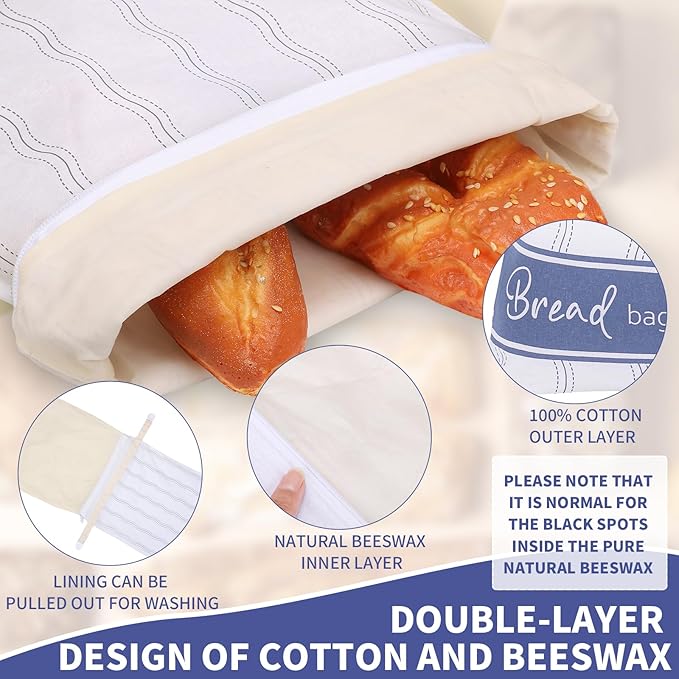 Beeswax Bread Bags for Homemade Bread, 2 Packs XL Reusable Bread Bag for Sourdough Large Cotton Bread Storage Bags for Baking Supplies Freezer Fresh Keeping