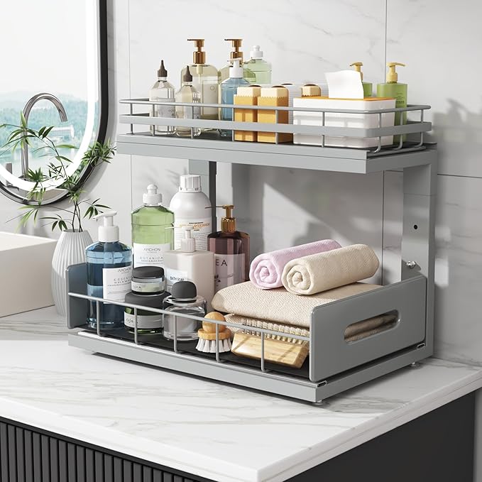 1 Pack Under Sink Organizer Upgrade to Professional Rails,2-Tier Dual Pull Out Cabinet Storage,Height Adjustable Slide Out Drawers for Bathroom Kitchen,Under Sink Shelf-Gun Gray