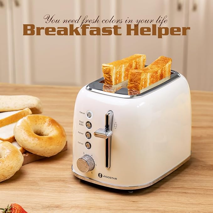 Aigostar Toaster 2 Slice, Retro Extra-Wide Slot Toasters Best Rated Prime for Toasting Bagels, Breads, Waffles & More, Cancel, Defrost & 6 Browning, Removable Crumb Tray, Stainless Steel, Cream White