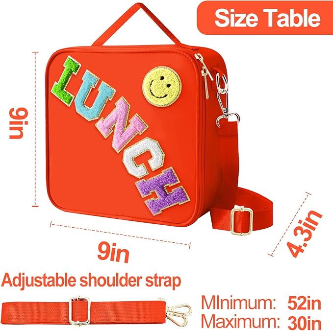 Insulated Lunch Bag With Adjustable Shoulder Strap, Nylon Preppy Lunch Box Large Insulated Lunch Bag Reusable Lunch Tote Bag with Smiley Preppy LunchBag for Girls School Travel Picnic (Orange)