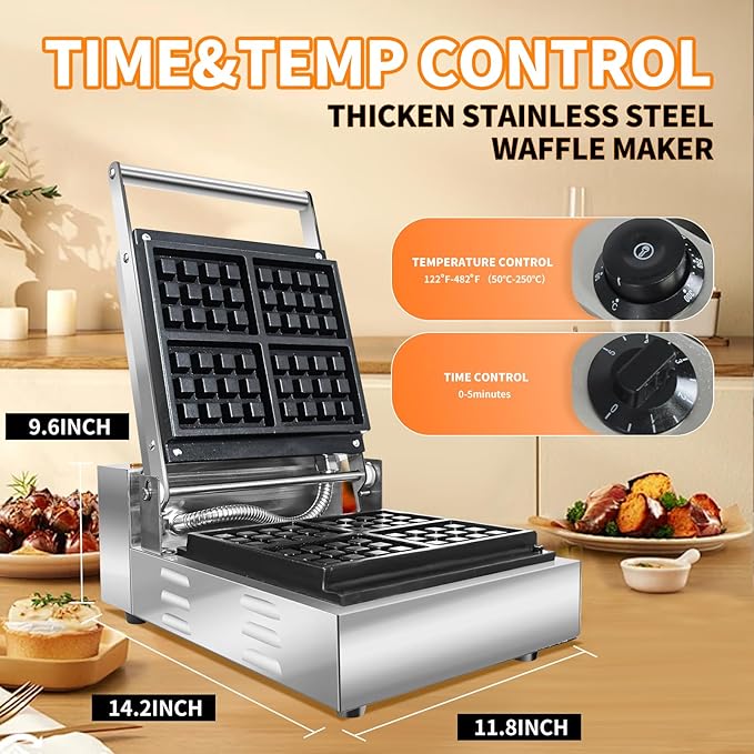 Li Zhen Commercial Waffle Maker,Electric Nonstick Round Waffle Machine,Mini Waffle Maker for Classic Waffles Square Pancake Maker Waffle Iron 4 Slices for Children's