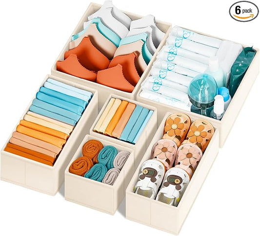 Criusia Drawer Organizer Clothes 6 Pack - Sock Underwear Drawer Organizer Divider - Dresser Organizer Bins for Closet Bedroom - Baby Clothes Organizers and Storage for Nursery Organization -Beige
