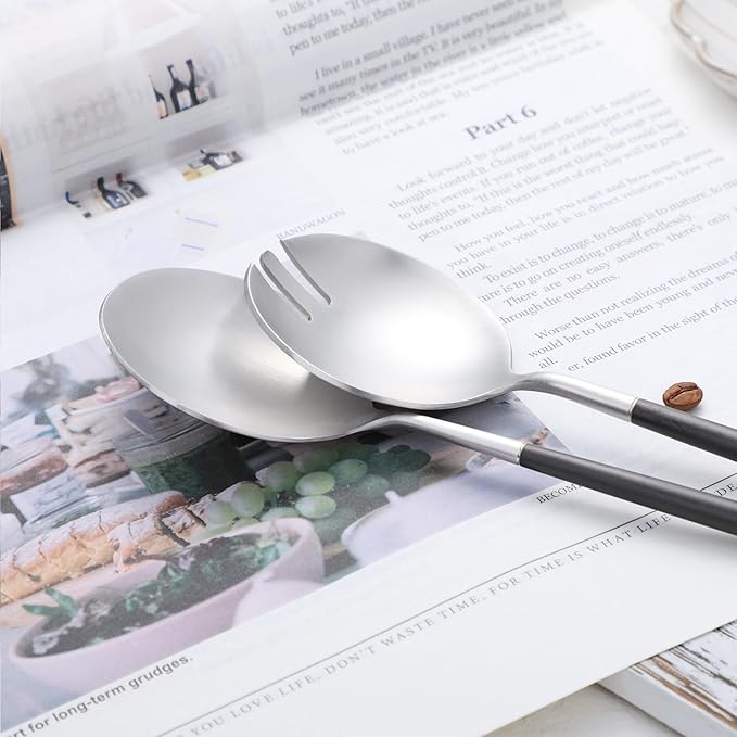 Salad Servers,Spoon and Fork Set 11.41 inch,18/10 Stainless Steel Salad Serving Titanium Plating (black silver)