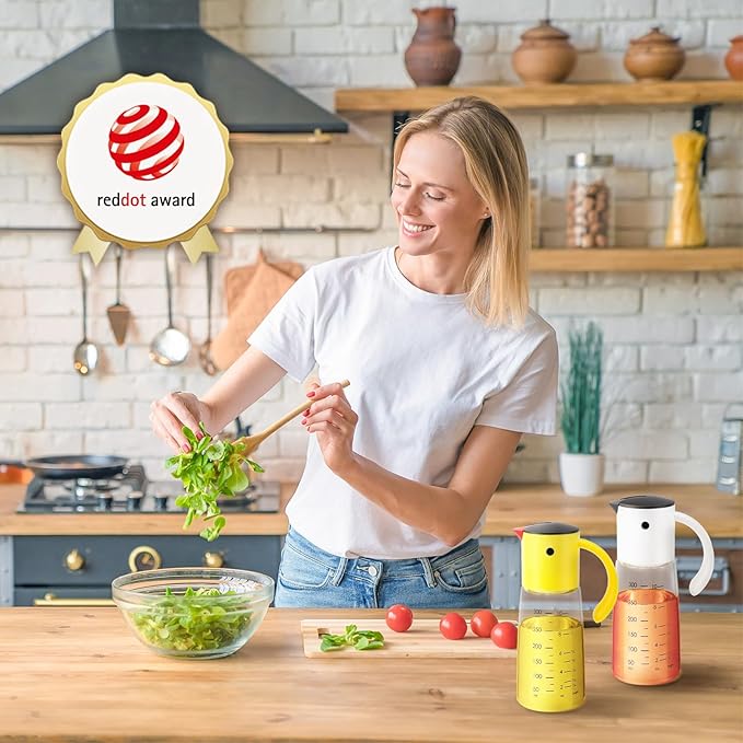 Vucchini Olive Oil Dispenser Bottle for Kitchen Cooking 10 oz - Auto Flip Vinegar Dispenser Container- Leakproof Glass Cruet with Non-Drip Spout Dispenser (white and yellow)