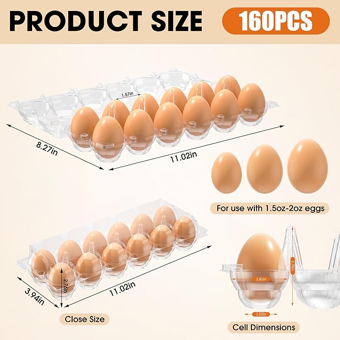 160 Pack Egg Cartons Cheap Bulk, 12 Count Clear Empty Egg Cartons for Fresh Chicken Eggs, 2x6 Grids Reusable Egg Holder Trays for Refrigerator Use, Chicken Farming, Family Storage and Market Purpose