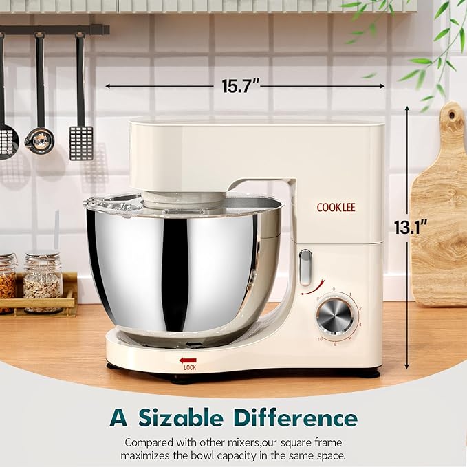 COOKLEE Stand Mixer, 9.5 Qt. 660W 10-Speed Electric Kitchen Mixer with Dishwasher-Safe Dough Hooks, Flat Beaters, Wire Whip & Pouring Shield Attachments for Most Home Cooks, White