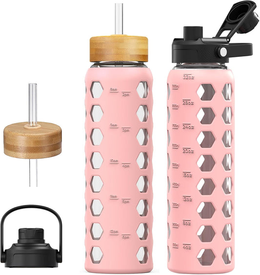 MUKOKO Glass Water Bottles, 32oz Glass Tumbler with Straw, Drinking Bottles with 2 Lids-Handle Spout Lid&Bamboo Straw Lid, Motivational Water Bottle with Time Marker and Silicone Sleeve, 1 Pack-Pink