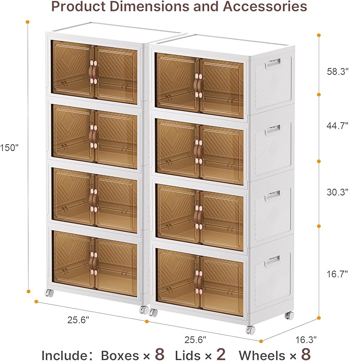 Extra Large Stackable Storage Bins with Lids and Wheels, Foldable Collapsible Closet Organizers,960QT-120QT/30GAL*8Pack Plastic Stackable Storage drawers for bedroom Dorm