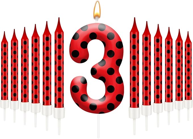 13PCS Ladybug Theme Birthday Candles Set - Red & Black Polka Dot Decorative Candles for Kids Ladybug Themed Parties, Baby Showers, Birthday Cakes, and Ladybird Inspired Celebrations(Number 3)