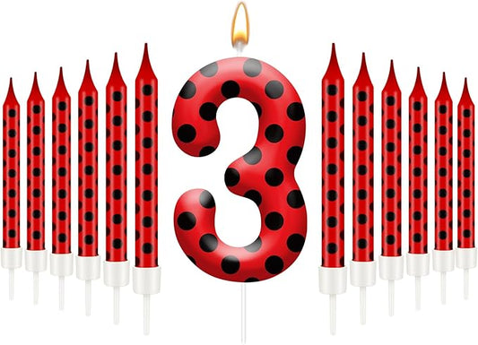 13PCS Ladybug Theme Birthday Candles Set - Red & Black Polka Dot Decorative Candles for Kids Ladybug Themed Parties, Baby Showers, Birthday Cakes, and Ladybird Inspired Celebrations(Number 3)