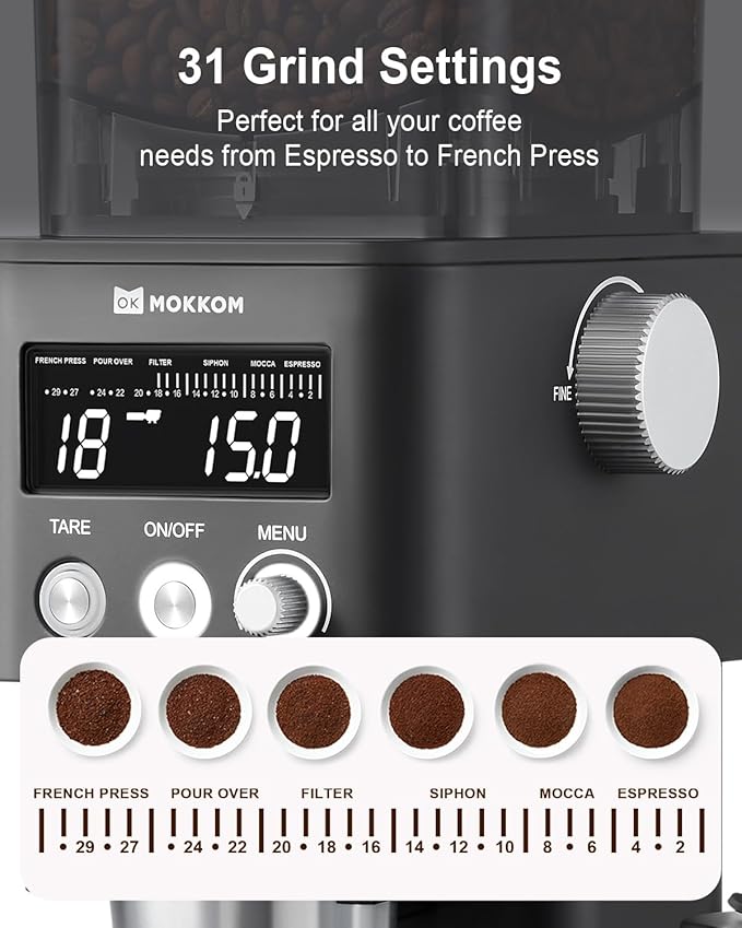 MOKKOM Coffee Grinder with Removable Coffee Scale via Bluetooth Connectivity, Anti-static Conical Burr Coffee Bean Grinder, 31 Precise Settings for Espresso/Drip/Pour Over/Cold Brew/French Press