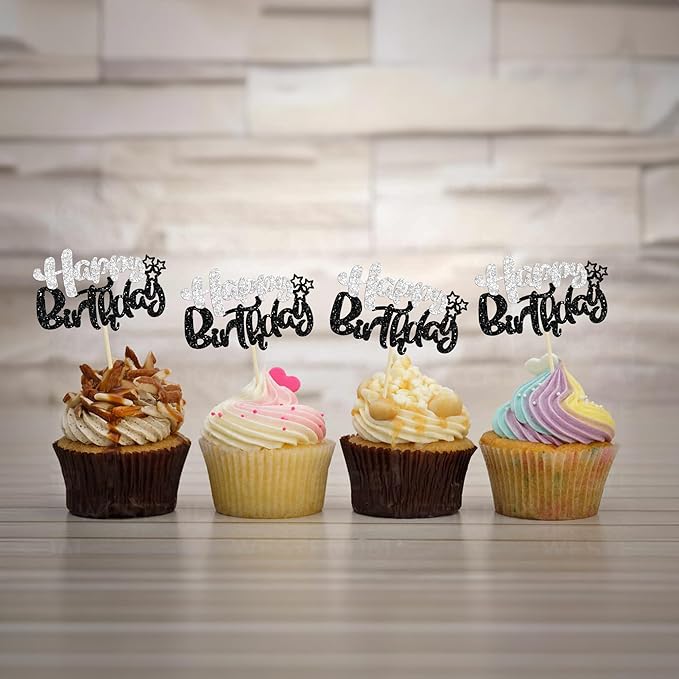 Ephlyn 24Pcs Happy Birthday Cupcake Toppers - Black Silver Glitter - Double Layer - Perfect for Birthday, Baby Shower & Anniversary Parties