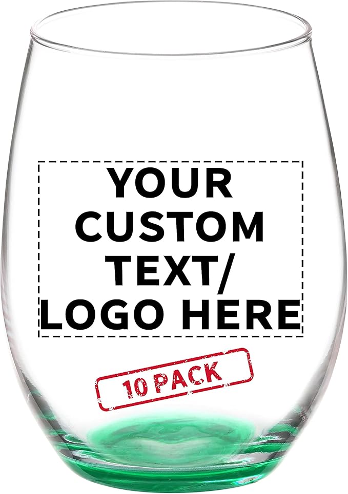 DISCOUNT PROMOS 10 ARC Stemless Wine Glasses Set, 21 oz. - Customizable Text, Logo - Chardonnay, Cabernet, Merlot, Sauvignon - Green