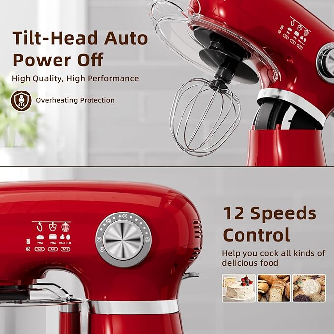 Cowsar Stand Mixer, 12 Speeds Tilt-Head Electric Commercial Stand Mixer, 3-In-1 Kitchen Mixer with Bowl, Dough Hook, Whisk and Beater, Red