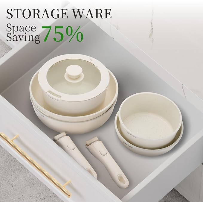 JEETEE Pots and Pans Set Non Stick 20 Pcs, Cookware Set Detachable Handle, RV Kitchen Cooking Set Removable Handles, Stackable Non-stick Set, Oven Safe, Beige