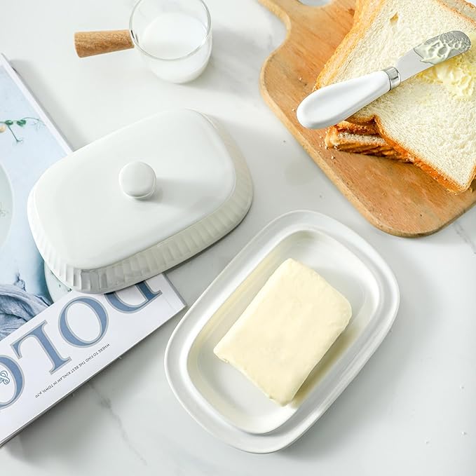 Hansense Porcelain Butter Dish with Lid for Countertop, Ceramic Butter Keeper with Handle Cover, Butter Holder Container Perfect for East and West Coast Butter, Dishwahser Safe, White
