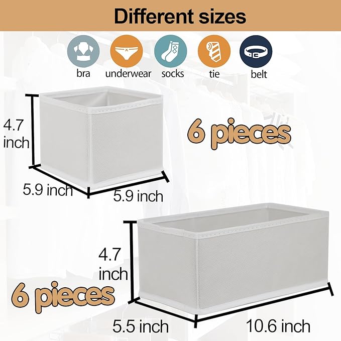 Set of 12 Drawer Organizer, Fabric Closet Organizer and Storage Baskets,Foldable Drawer Divider for Clothing,Sock,Ties,Underwear Drawer Organizers,Set of Cabinet Storage Boxes (White)