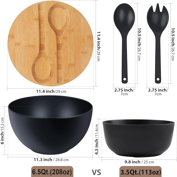 11.3" Extra Large Salad Bowl with Wooden Lid & Servers, 208Oz, Oversized Bamboo Fiber Salad Serving Set with Utensils for Home/Kitchen, Big Lightweight Bowl for Mixing Salad,Fruit,Pasta - Matte Black