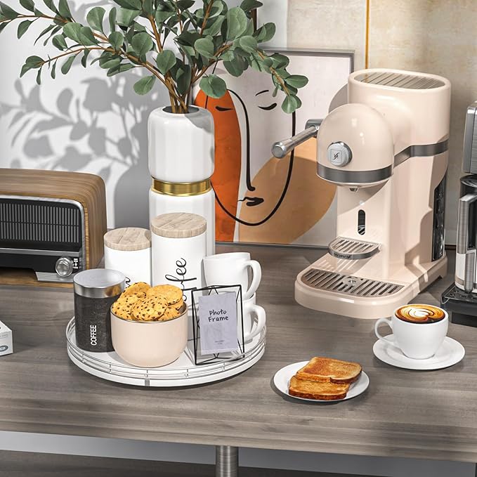 12" Oak Wood Lazy Susan Organizer, Lazy Susan for Cabinet Dining Table Pantry Wood Turntable Organizer Tray for Coffee Table Kitchen Countertop Salt Spice Can Organization and Storage Round Silver