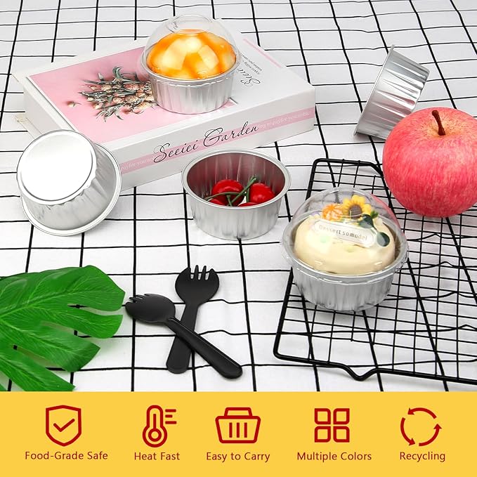 LNYZQUS 5oz Cupcake Pans Muffin Tins with Lids 100 Pack, Aluminum Foil Mini Cake Baking Pans,Small Baking Cups Containers,Disposable Ramekins Muffin Cups -Silver