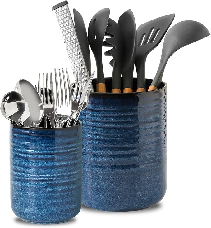 Hasense Utensil Holder, 7.4” + 5.4” Ceramic Cooking Utensil Crock for Kitchen Counter, 2 Pack Utensil Caddy Utensil Organizer for Spatula and Spoon Kitchen Decor, Navy Blue