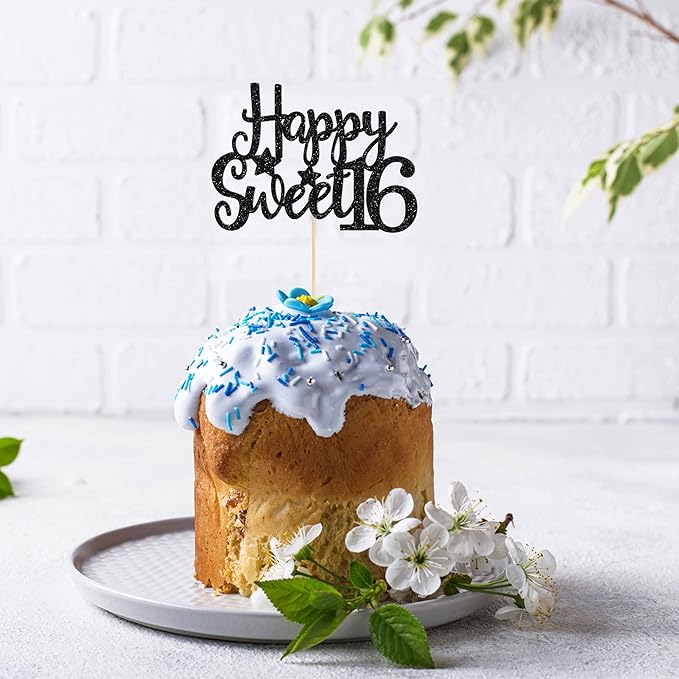 Gyufise 1Pc Happy Sweet 16 Cake Topper Glitter 16th Birthday Cake Pick for Cheers to 16 Years Old 16th Birthday Party Cake Decorations Supplies Black