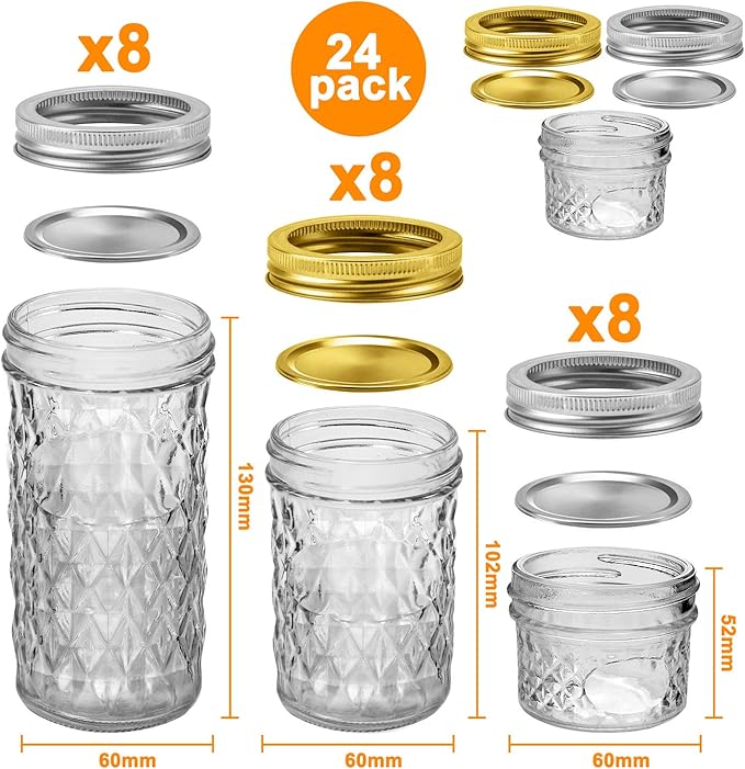 Mason Jars Canning Jars, 24 Pack Jelly Jars With Regular Lids, Ideal for Jam, Honey, Wedding / Shower Favors, DIY Magnetic Spice Jars - 4 OZ x 8, 8 OZ x 8, 12 OZ x 8 (4oz -8oz-12oz)